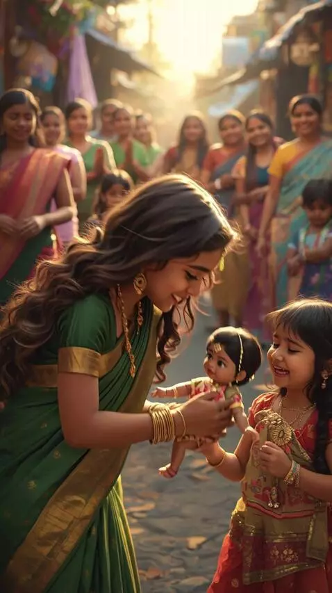 AI Video from prompt: "A sweet little Indian girl in a green saree wit