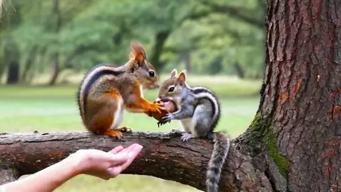 AI Video from prompt: видео, где одна белка-мама на ветке забирает съе