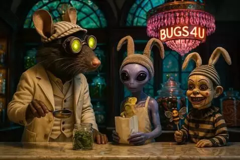 AI Video from prompt: Rat watches as frog leaps into white bag. Mime d