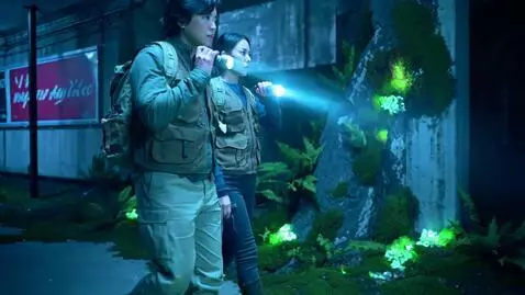 AI Video from prompt: Two researchers with flashlights find an empty s