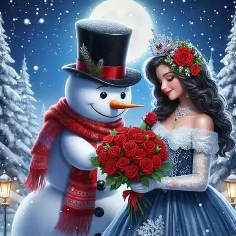 AI Video from prompt: Снеговик дарит девушке букет и сердце