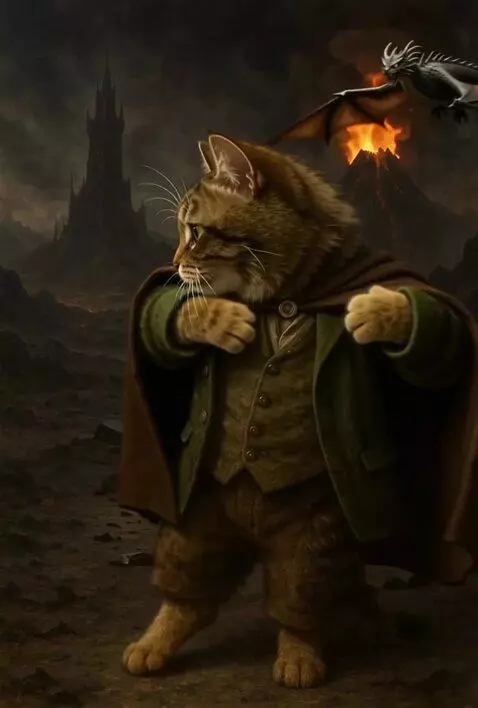 AI Video from prompt: Кот отправляется к горящей горе летают огромные 