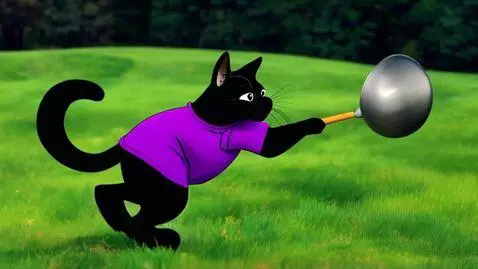 AI Video from prompt: A black cartoon cat in a purple T-shirt holds a 