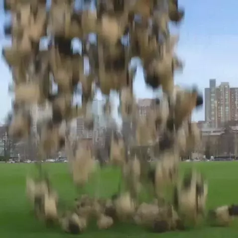 AI Video from prompt: Plush toys fly from the sky and fall on a clear 