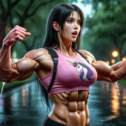 AI Video from prompt: Bodybuilder posing muscles, rain, wet skin, flex