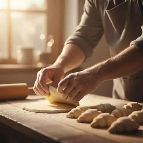 AI Video from prompt: The baker presses down on the dough with his fin