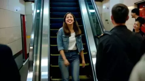 AI Video from prompt: Young lady approach Moscow metro station. She pa