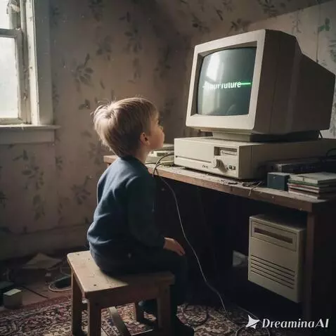 AI Video from prompt: A child turns on an old computer, the screen dis