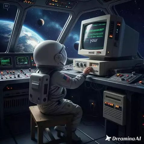 AI Video from prompt: A child turns on an old computer, the screen dis