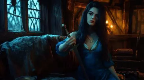 AI Video from prompt: Женщина встаёт, берёт длинный меч, лежащий рядом