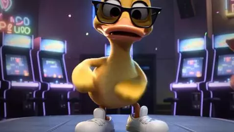 AI Video from prompt: “Cartoon-style video of a dancing duck wearing s