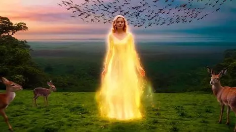 AI Video from prompt: ethereal woman with a golden aurora walks  grace