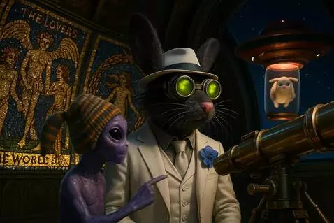 AI Video from prompt: Alien and rat look at bunny hopping inside the t