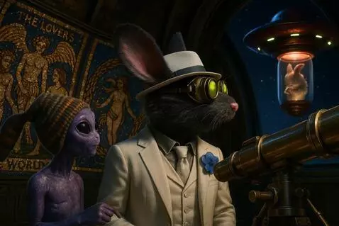 AI Video from prompt: Alien and rat look at bunny hopping inside the t