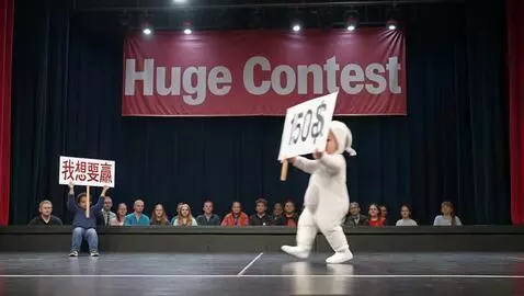 AI Video from prompt: "A funny contest on stage with a big banner that