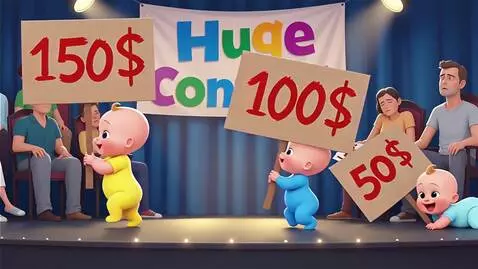 AI Video from prompt: "A funny contest on stage with a big banner that