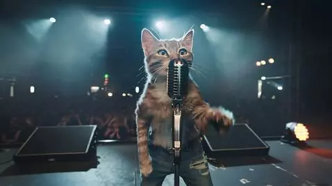 AI Video from prompt: 9:16 Дымчатый кот в джинсах и кожаной косухе с м