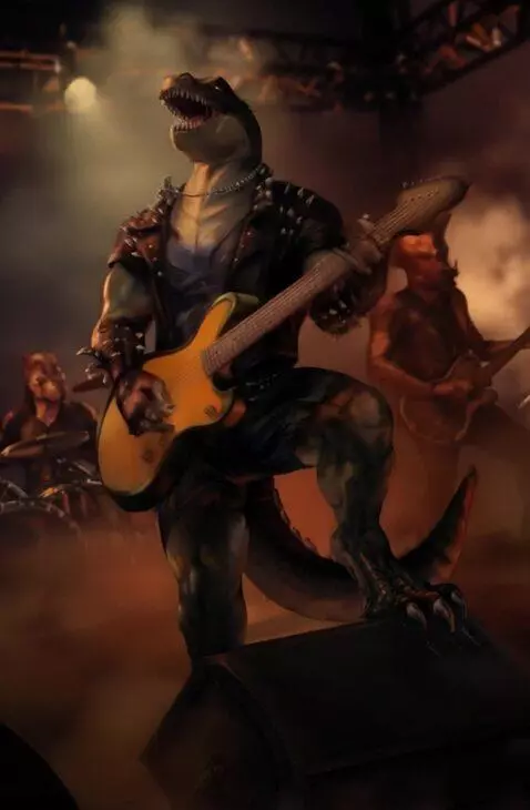 AI Video from prompt: T-rex  dude standing on stage singing playing ha