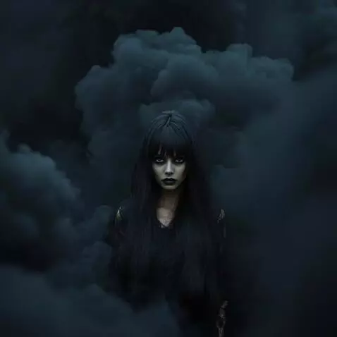 AI Video from prompt: Женщина выходит из клубов чёрного дыма а следом 