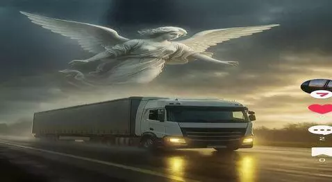 AI Video from prompt: Грузовик едет по дороге и над ним летит ангел жи