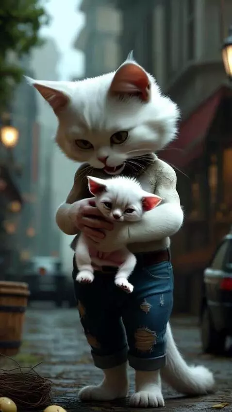 AI Video from prompt: The large white Male Cat, back in normal form wi