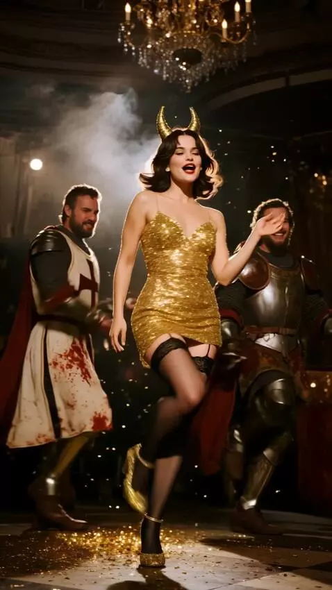 AI Video from prompt: On the cabaret stage, a woman in a golden dress 