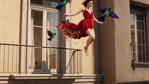 AI Video from prompt: A woman in a red dress with a thigh-high slit ju
