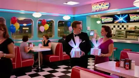 AI Video from prompt: A 1955 diner is hosting a back to the future par