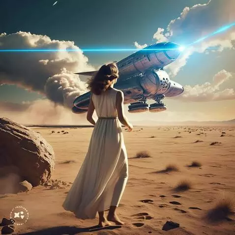 AI Video from prompt: woman is looking up at the sky as a airship land