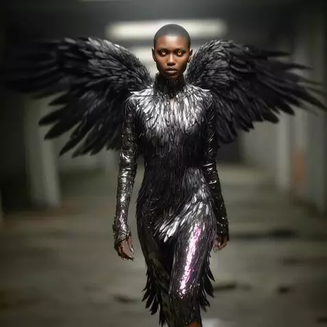 AI Video from prompt: Camera zooms out at the woman flaps her wings an