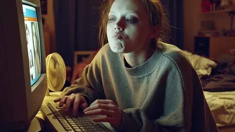 AI Video from prompt: Некрасивая страшная девушка сидит перед компьюте