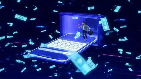 AI Video from prompt: Wide shot of a man stepping into a glowing 3D sm