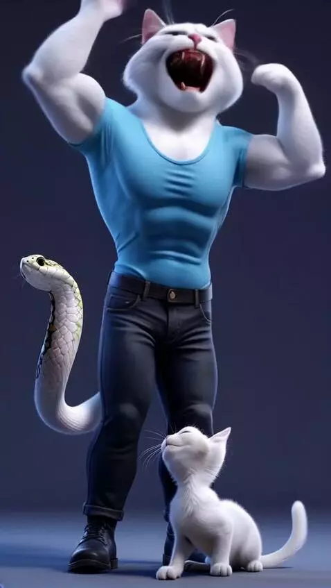 AI Video from prompt: A large male cat with white fur, muscular body, 