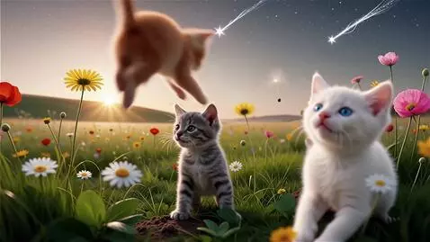 AI Video from prompt: маленькие котята собирают цветочки и бегают по п