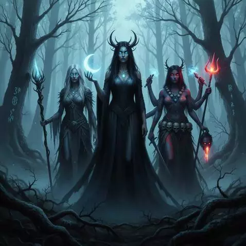 AI Video from prompt: Три богини идут в тумане, у первой серп луны гор