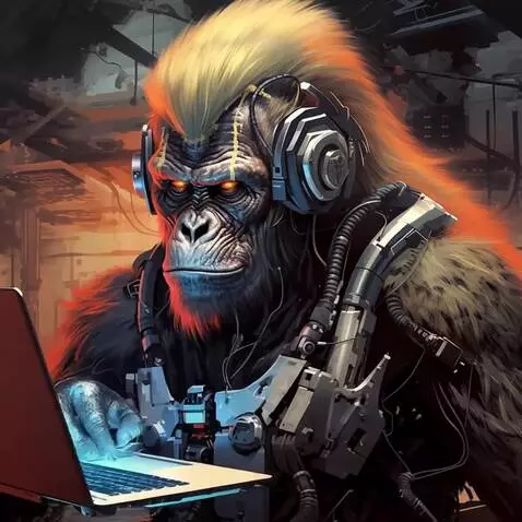 AI Video from prompt: cyborg trying to buy some fomo on his laptop and