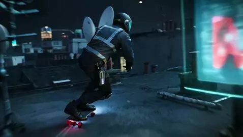 AI Video from prompt: A courier on an anti-gravity skateboard cuts acr