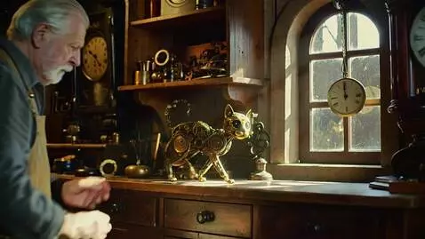 AI Video from prompt: An old watchmaker places a small cat made of gea