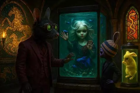 AI Video from prompt: The doll inside the aquarium waves slowly at rat