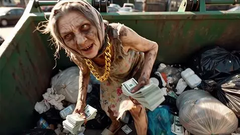 AI Video from prompt: Старая бабушка в рваной изношенной одежде вылеза