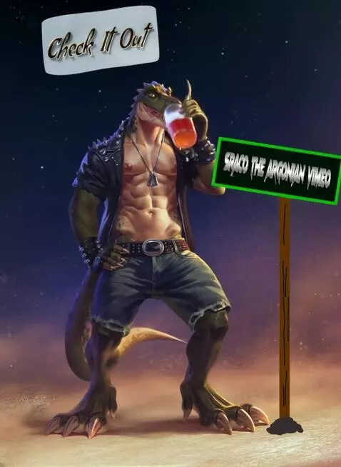 AI Video from prompt: T-rex dude standing proud happy then he drinks s