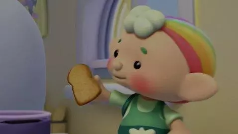 AI Video from prompt: 用卡通风格， 柔和而明亮的晨光透过薄纱窗帘，一个可爱卡通小人身穿围腰上印有烤多士字样，走向冰箱从