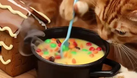 AI Video from prompt: Ориентация видео 9:16 кот варит суп конфет в пря