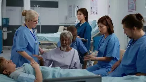 AI Video from prompt: A group of 10 traumatized nurses in a spacious p