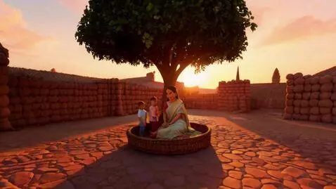 AI Video from prompt: 3D cartoon style, Indian village courtyard at su