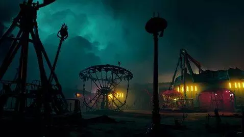 AI Video from prompt: low-poly horror scene, abandoned carnival at nig