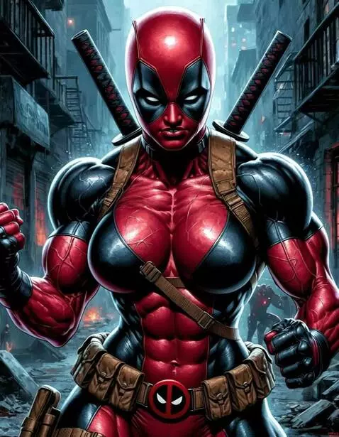 AI Video from prompt: Deadpool girl, muscular, breathing animation fle