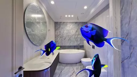 AI Video from prompt: Bright large marine fish swim in the air in diff