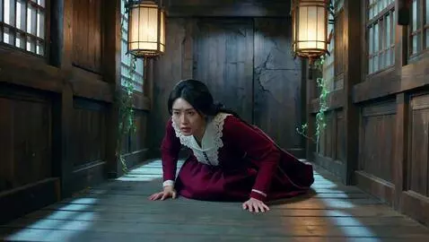 AI Video from prompt: A young woman creeps cautiously along the corrid