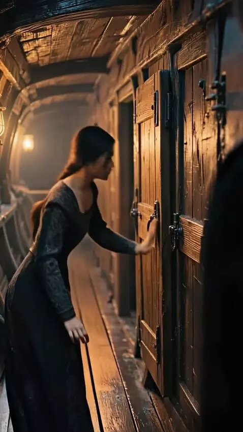 AI Video from prompt: A young woman creeps cautiously along the corrid